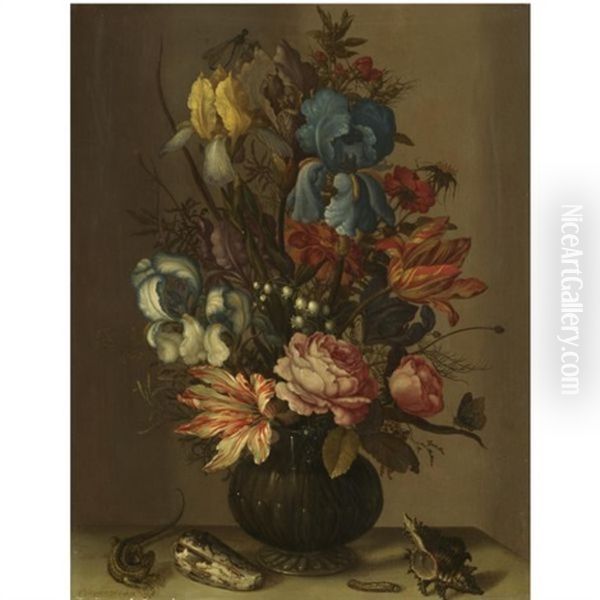 Still Life Of Roses, Tulips, Irises, French Marigold, And Lily Of The Valley In A Glass Vase, On A Ledge, Flanked By Shells, A Lizard And A Caterpillar Oil Painting by Balthasar Van Der Ast