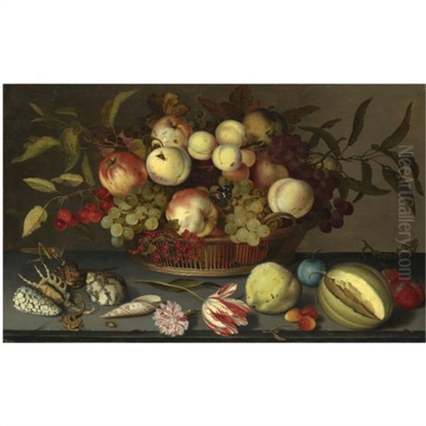 Still Life Of Peaches, Apples, Grapes, Cherries And Redcurrants In A Basket, With Sea-shells, Insects, A Parrot Tulip, A Pink Rose And Further Fruit Scattered On The Stone Ledge Beneath Oil Painting by Balthasar Van Der Ast