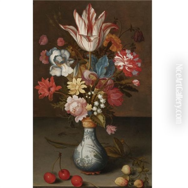 Still Life Of A Semper Augustus Tulip, Irises, A Carnation And Other Flowers In A Wan-li Vase, Resting On A Table With Cherries And Berries Oil Painting by Balthasar Van Der Ast