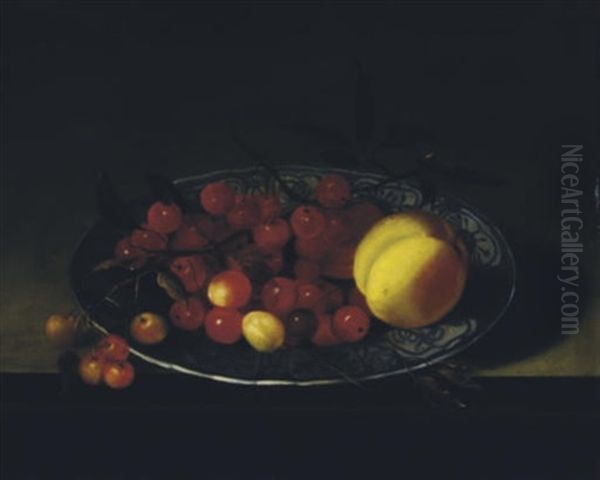 Cherries And A Peach In A Wan-li Bowl On A Ledge Oil Painting by Balthasar Van Der Ast