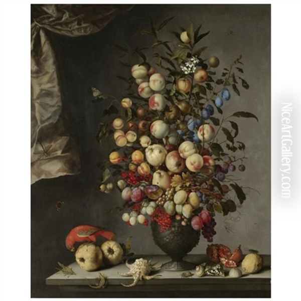 A Still Life With Sprays Of Apples, Peaches, Pears, Apricots, Plums, Greengages, Lemons, Redcurrants, Grapes And Other Fruit Arranged In A Decorated Basalt Urn... Oil Painting by Balthasar Van Der Ast