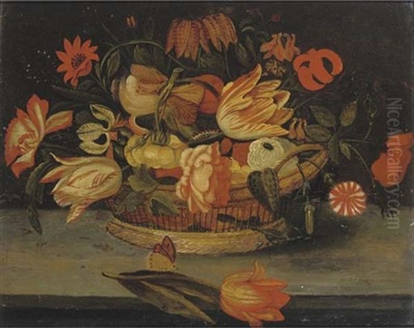 Roses, Tulips, Fritillaries And Other Flowers In A Basket On A Ledge Oil Painting by Balthasar Van Der Ast