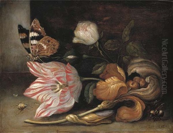 A Tulip, An Iris And A Rose With A Painted Lady Butterfly And A Hoverfly Oil Painting by Balthasar Van Der Ast