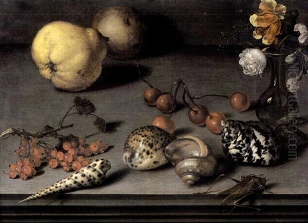 Nature Morte Aux Coquillages, Coings. Vase De Fleurs, Groseilles, Cerises Et Sauterelle Sur Un Entablement Oil Painting by Balthasar Van Der Ast