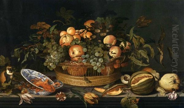 Stilleben Mit Fruchten, Blumen Und Einem Kleinen Affen by Balthasar Van Der Ast