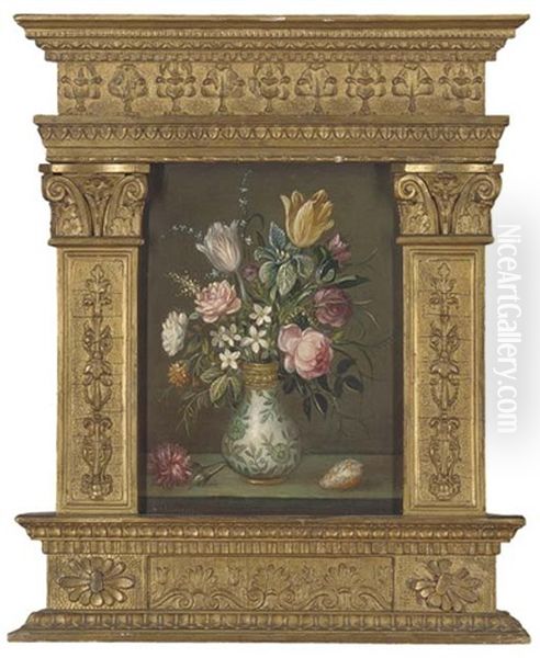 Roses, Carnations And Other Flowers In A Vase With A Shell On A Stone Ledge, Within A Gilded Tabernacle Style Frame Oil Painting by Balthasar Van Der Ast