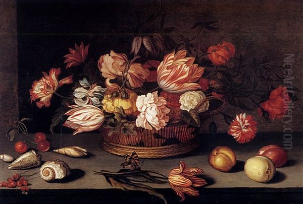 Nature Morte Au Panier De Fleurs, Fruits, Coquillages Et Papillon Sur Un Entablement Oil Painting by Balthasar Van Der Ast