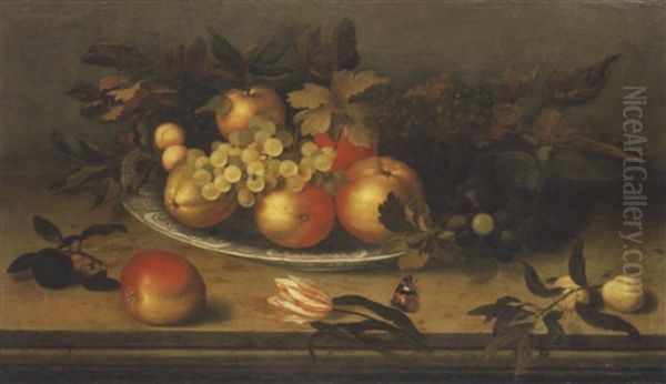 Pommes Et Raisins Dans Un Plat En Delft, Fleurs Et Fruits Sur Un Entablement En Pierre Oil Painting by Balthasar Van Der Ast