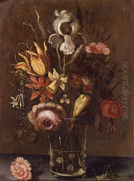 Still Life With An Iris, A Tulip, A Rose And Other Flowers In A Glass Vase, Resting On A Ledge With A Grasshopper Oil Painting by Balthasar Van Der Ast