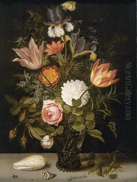 Still Life Of Roses And Tulips, Irises, An African Marigold And Other Flowers In A Roemer Resting On A Ledge With Two Shells, A Butterfly And Other Insects Oil Painting by Balthasar Van Der Ast