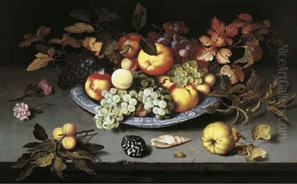 Fruit In A Wan-li Kraak Porcelain Dish With Shells On A Stone Ledge Oil Painting by Balthasar Van Der Ast