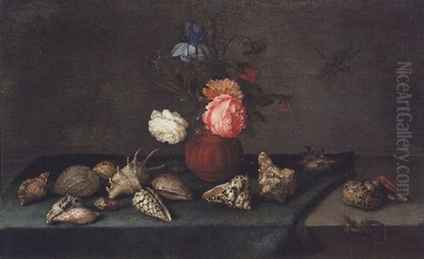 Still Life Of Roses, An Iris And Fritillaries In An Earthenware Vase, With Assorted Shells, A Dragonfly And A Lizard Upon A Table Oil Painting by Balthasar Van Der Ast