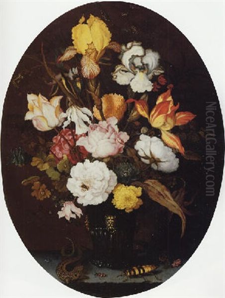 A Still Life Of Roses, Irises, Tulips, Narcissi And Other Flowers, In A Glass Vase With Gilt Mounts, Set On A Ledge, Flanked By A Lizard And Large Bug Oil Painting by Balthasar Van Der Ast