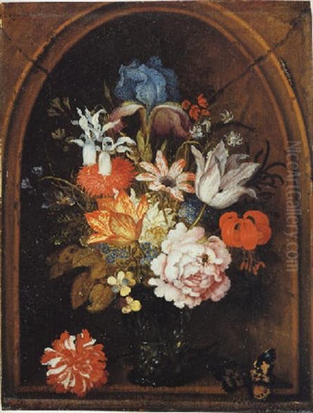 A Still Life Of Tulips, A Rose, An Iris, A Fuchsia, Forget-me-nots And Other Flowers In A Berkemeijer Glass, Set In A Niche Oil Painting by Balthasar Van Der Ast