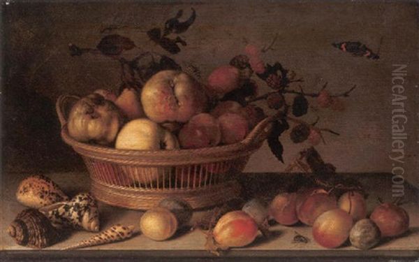 Apples, Pears And A Branch Of Mulberries In A Basket, With Plums, Shells, A Wasp, A Red Admiral And Other Insects On A Ledge Oil Painting by Balthasar Van Der Ast