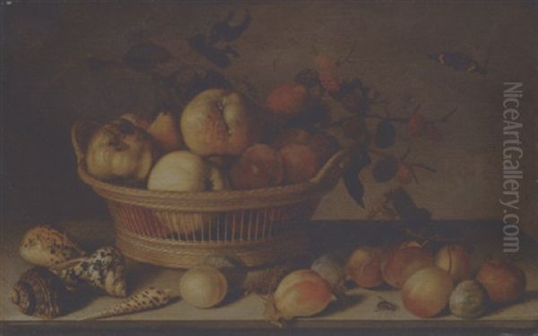 Apples, Pears, A Branch Of Mulberries In A Basket, With Plums, Shells, A Wasp, A Red Admiral And Other Insects On A Ledge Oil Painting by Balthasar Van Der Ast