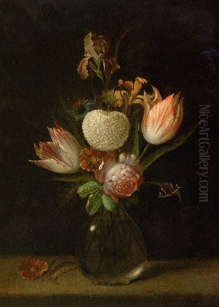 Parrot Tulips, A Chrysanthemum, A Rose, An Iris And Other Flowers In A Glass Vase With A Butterfly On A Ledge Oil Painting by Balthasar Van Der Ast