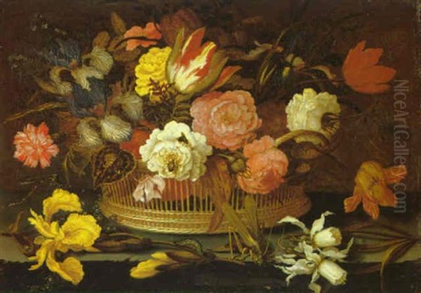 A Still Life Of Flowers In A Wicker Basket On A Stone Ledge Oil Painting by Balthasar Van Der Ast