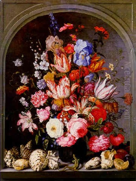 Tulips, Roses, Carnations, Irises, Lilies, Snowdrops And Other Flowers In A Glass Vase In A Niche With A Lizard And Shells Oil Painting by Balthasar Van Der Ast