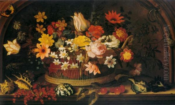 Flowers In A Wicker Basket With Shells, Cherries, Red Currants, A Grasshopper, Spiders, A Butterfly, A Dragonfly, And A Snail Oil Painting by Balthasar Van Der Ast