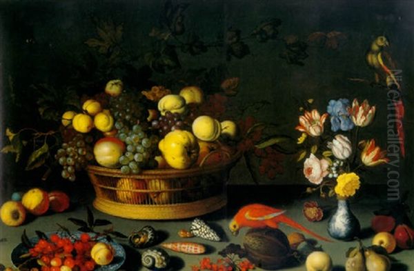 A Basket Of Grapes And Other Fruit In A Basket, Cherries On A Delft Plate, Tulips, An Iris And Other Flowers In A Small Wan-li Vase Oil Painting by Balthasar Van Der Ast