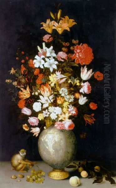 Lilies, Roses, Irises, Tulips, Narcissi, Carnations And Other Flowers In A Chinese Celadon Ormulu-mounted Vase On Ledge Oil Painting by Balthasar Van Der Ast