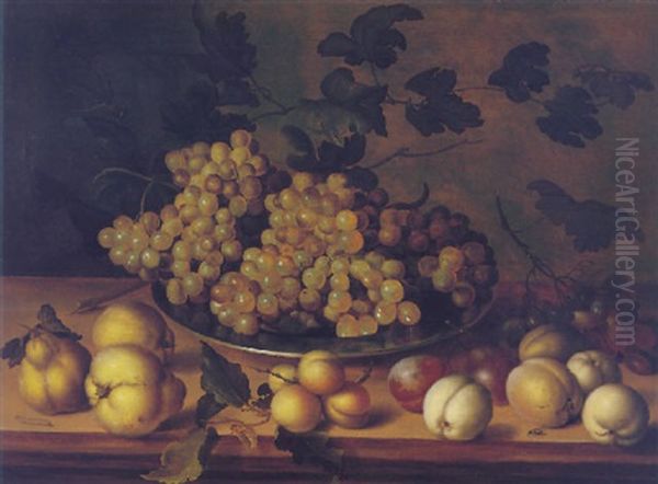 Still Life Of Pears, Peaches And Apricots Together With Grapes In A Pewter Dish Upon A Wooden Ledge Oil Painting by Balthasar Van Der Ast