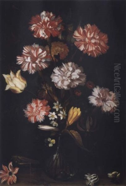 A Still Life Of Carnations, A Tulip And Other Flowers In A Glass Vase With A A Snail, A Grasshopper And Other  Insects On A Stone Ledge Oil Painting by Balthasar Van Der Ast