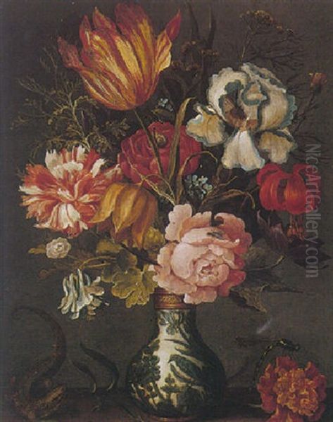 Still Life Of Various Flowers In A Porcelain Vase, With A Lizard by Balthasar Van Der Ast