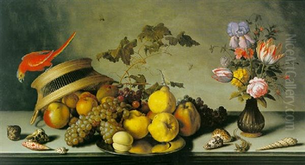 A Still Life Of Fruit On A Pewter Plate, A Parrakeet Perched On A Basket, A Vase Of Various Flowers, Various Shells And A Lizard, On A Ledge Oil Painting by Balthasar Van Der Ast