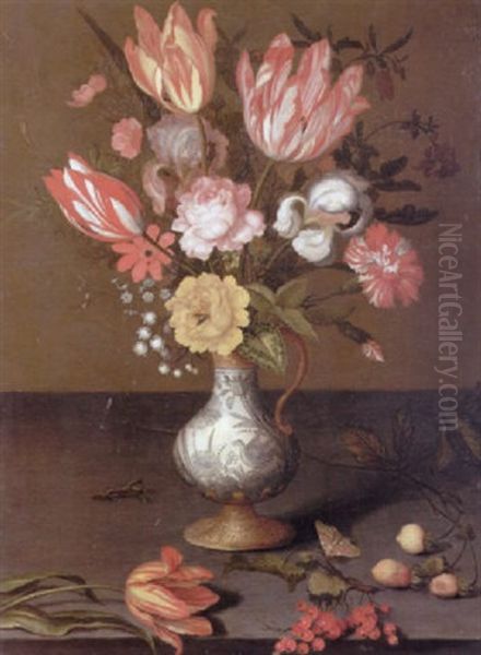 A Still Life Of Tulips, Roses, Irises, Anemones And Other Flowers In A Wan-li-kraak Vase On A Stone Ledge Oil Painting by Balthasar Van Der Ast