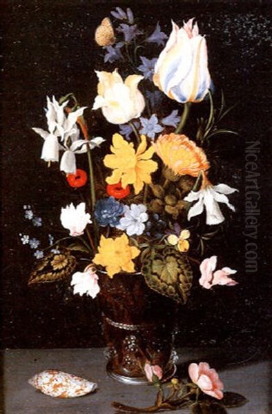 Bouquet De Fleurs Dans Un Vase En Verre Oil Painting by Balthasar Van Der Ast