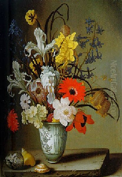 Dahlias, Irises, Carnations, Forget-me-nots And Other Flowers In A Porcelain Vase With Shells Oil Painting by Balthasar Van Der Ast