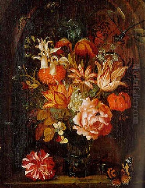 Tulips, Roses, Poppies And Other Flowers In A Roemer On A Ledge Oil Painting by Balthasar Van Der Ast