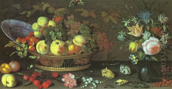 Still Life Of Fruit And Wan-li Dish In A Basket, Vase Of Flowers, With Shells, Insects, Arranged Upon A Ledge Oil Painting by Balthasar Van Der Ast