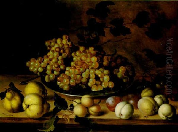 A Still Life With Pears, Peaches And Grapes On A Pewter Plate On A Wooden Ledge Oil Painting by Balthasar Van Der Ast