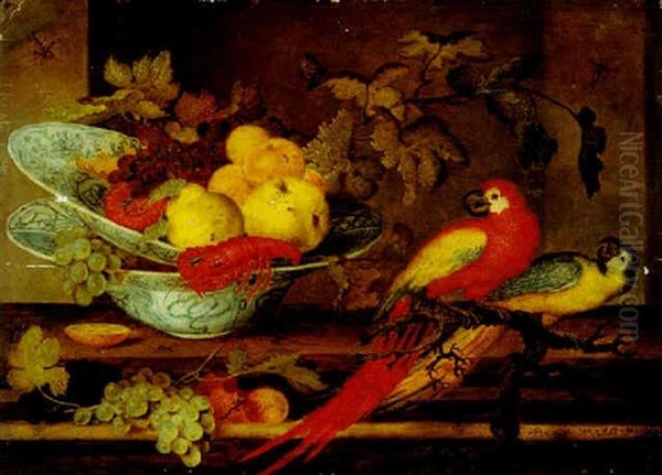 Still Life Of Fruit And Crayfish In Two Blue And White Porcelain Bowls An A Ledge, With Two Parrots On A Branch Oil Painting by Balthasar Van Der Ast