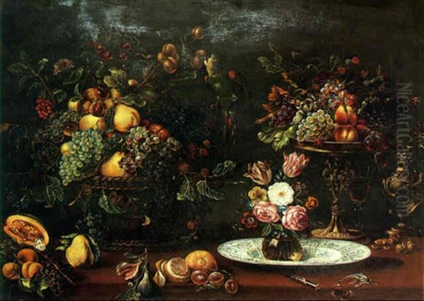 Still Life, Parakeet On A Branch, Flowers, Fruit And Lizard On A Table Oil Painting by Balthasar Van Der Ast