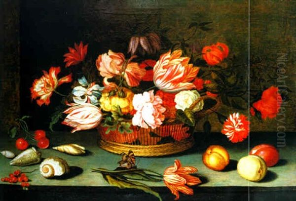 Stilleben Auf Einem Steintisch Mit Blumen In Einem Flechtkorb, Fruchten, Muscheln Und Schmetterling Oil Painting by Balthasar Van Der Ast