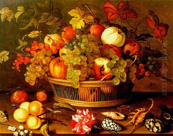 Still Life Of Fruit In A Basket With Flowers And Shells Resting On A Table Oil Painting by Balthasar Van Der Ast