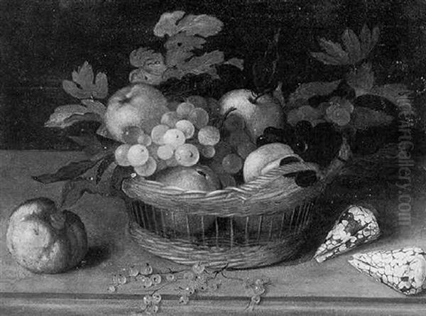 Apples And Grapes In A Basket Resting On A Table With Shells And Other Fruit Oil Painting by Balthasar Van Der Ast