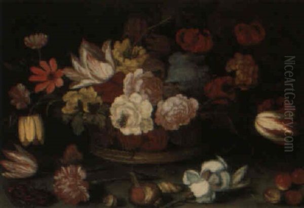 Still Life Of Flowers In A Basket, With Cherries, Shells And Insects Oil Painting by Balthasar Van Der Ast