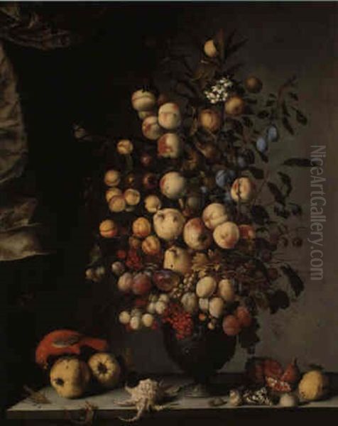 Still Life Of Fruit In An Urn, With Shells, A Parrot And Insects On A Ledge Oil Painting by Balthasar Van Der Ast