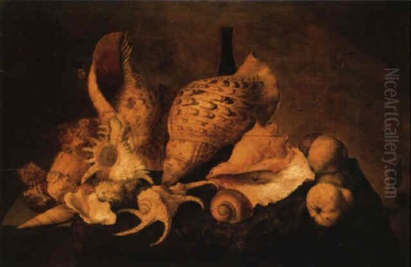 Shells, A Bottle And Quinces On A Draped Table Oil Painting by Balthasar Van Der Ast