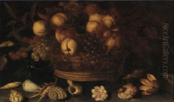 A Basket Of Fruit With Flowers, Seashells And Insects Arranged On A Ledge Oil Painting by Balthasar Van Der Ast