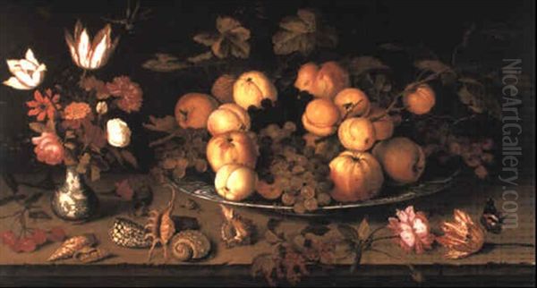 Fruit On A Dish, Flowers In A Vase, And Other Objects On A Stone Ledge Oil Painting by Balthasar Van Der Ast