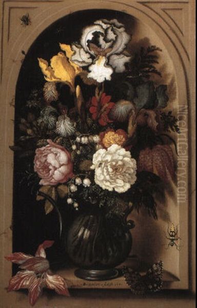 Bearded Irises And Other Flowers In A Pitcher In A Niche Oil Painting by Balthasar Van Der Ast