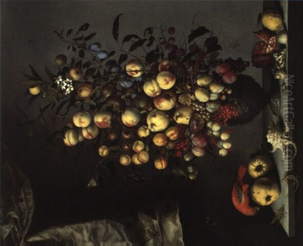 Nature Morte Au Bouquet De Fruits Das Un Vase, Coquillages Et Perroquet Oil Painting by Balthasar Van Der Ast