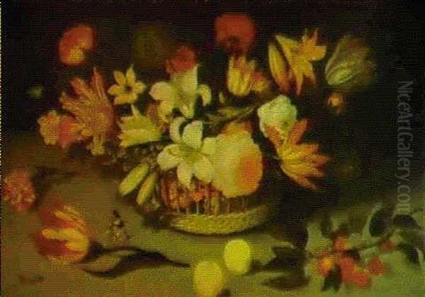 Un Panier De Fleurs, Un Papillon Pose Sur La Tige D'une     Tulipe, Une Chenille, Des Cerises... Oil Painting by Balthasar Van Der Ast