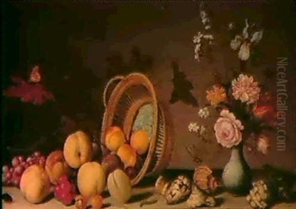 A Still Life Of Flowers In A Porcelain Vase, Seashells And  An Overturned Basket Of Fruit Oil Painting by Balthasar Van Der Ast